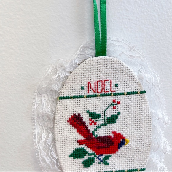 Mini Cross Stitch Red Cardinal NOEL Ornament - Picture 2 of 6